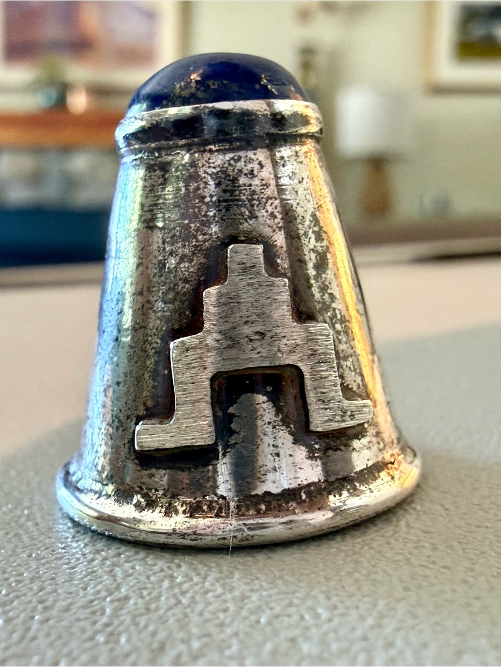 Vintage Kokopelli silver thimble with lapis inlay